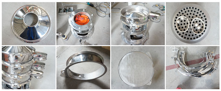 不銹鋼振動篩結構展示：防塵蓋，出料口，閘門，篩網于彈跳球，底座，振動彈簧等。