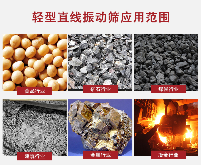 輕型直線振動篩應用范圍較廣多使用與顆粒狀，粉狀以及其它重型行業的輸送。
